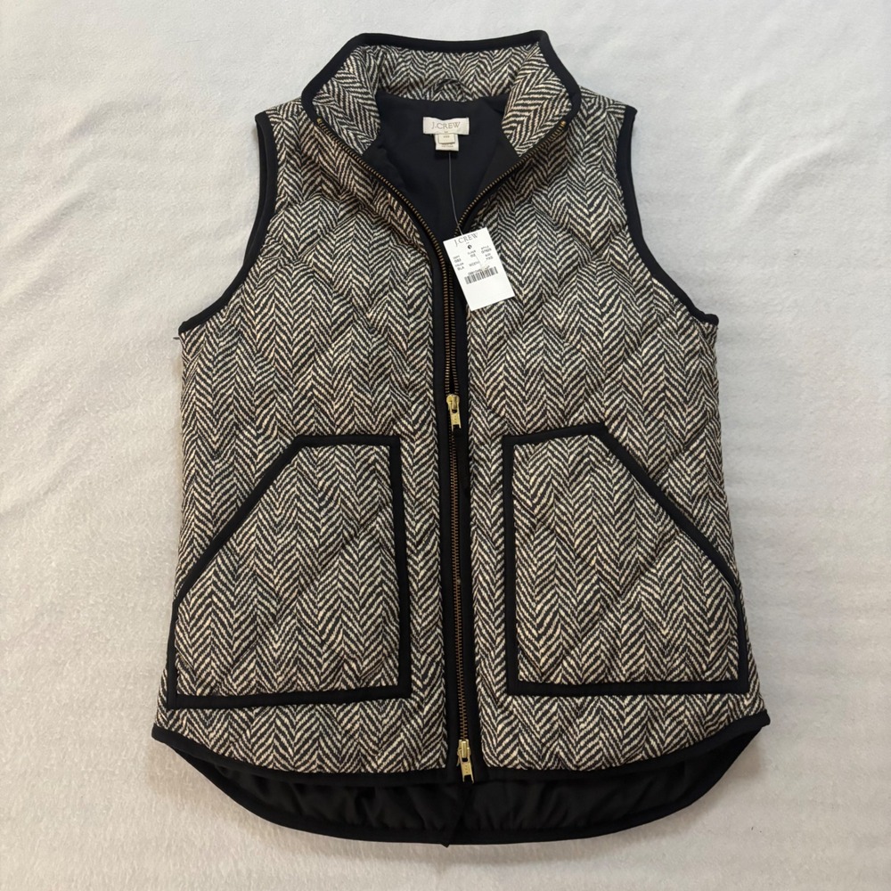 J.Crew Herringbone Excursion Quilted Puffer Vest Black White G7626 XXS NEW